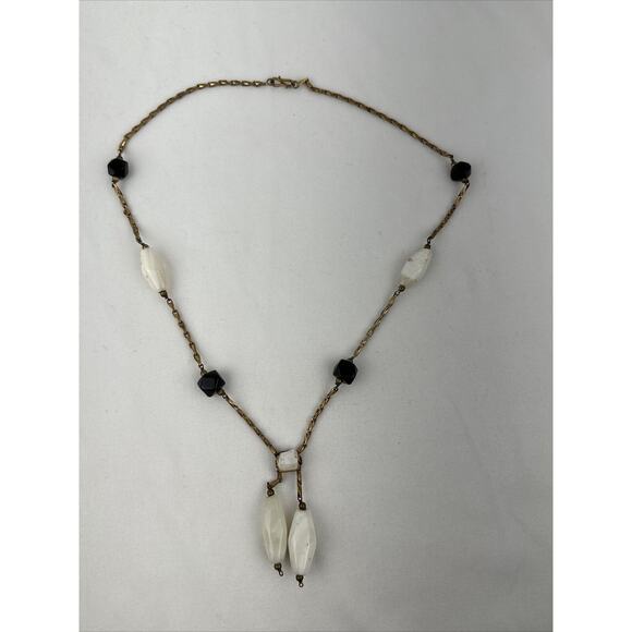 Vintage Semi Precious White Agate Onyx Beaded Brass Chain Lariat Necklace - Picture 2 of 8